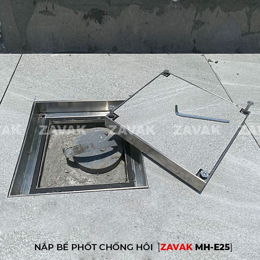 Nắp đậy bể phốt MH-E25 5 nắp hố ga nước thải, nắp bể phốt inox chống mùi zavak mhe25 lát gạch kt 25x25