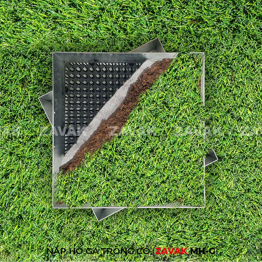 Nắp hố ga trồng cỏ Mh-G60 3 Nắp hố ga inox ZAVAK MH-G trồng cỏ lên trên bề mặt sử dụng làm nắp đậy hố ga thoát nước sân vườn kích thươc 50x50